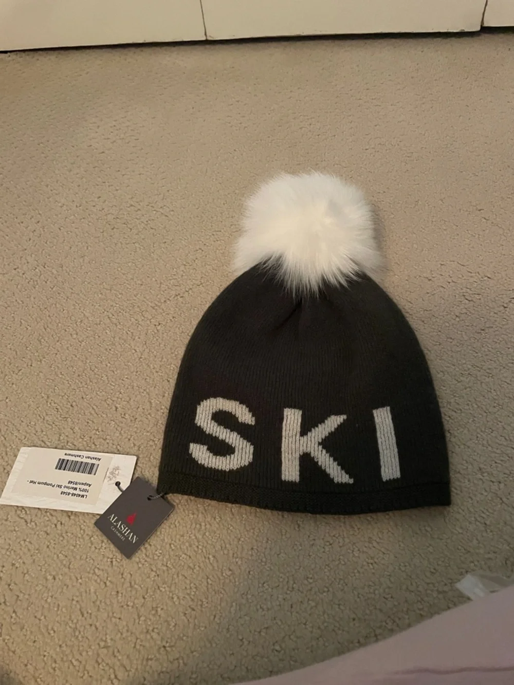 Black Ski Beanie with White Pom